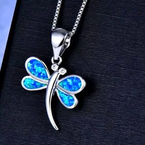 New-925 Silver Dragonfly Blue Fire Opal Necklace